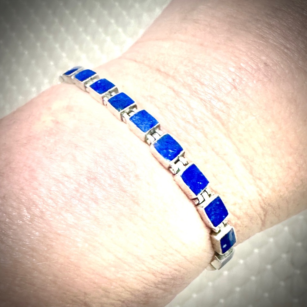 UNISEX STERLING SILVER AND LAPIS LAZULI SQUARE HINGE BRACELET